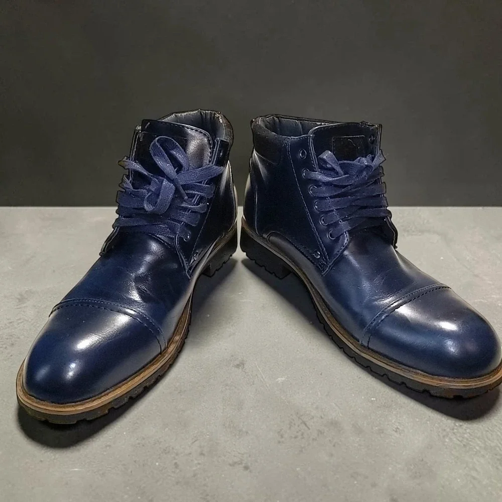 Mens Navy Blue Faux Leather Cap Toe Boots Size 11 Lug Sole Laced